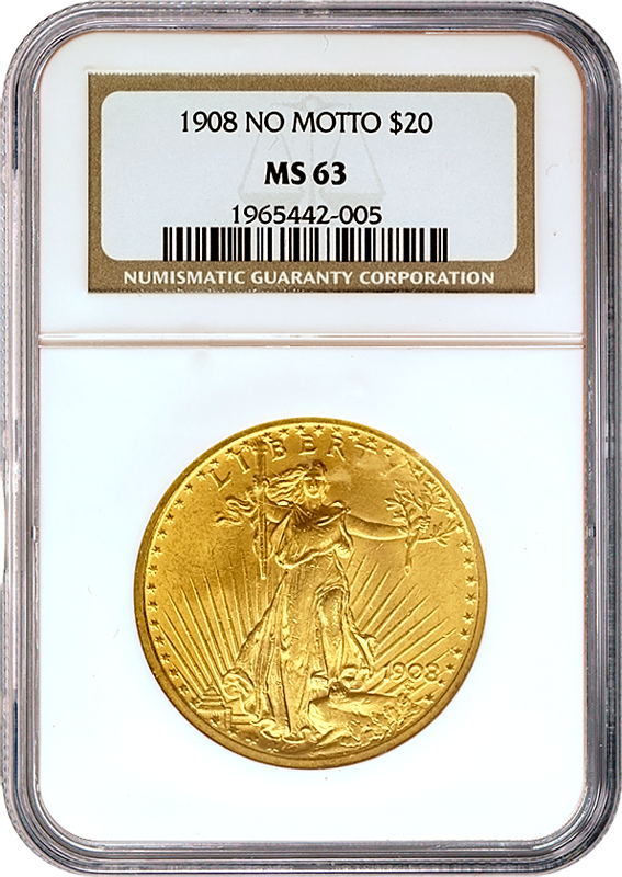 Buy 1908 No Motto 20 Saint Gaudens Gold Double Eagle NGC MS63