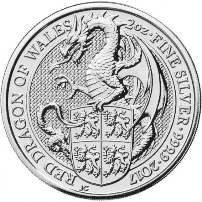 2017 UK 2 Oz Silver The Red Dragon of Wales BU (Queen's Beasts Series)