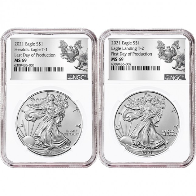 Two Coin Set: 2021 1 Oz American Silver Eagle NGC MS69 First/Last Day of Production