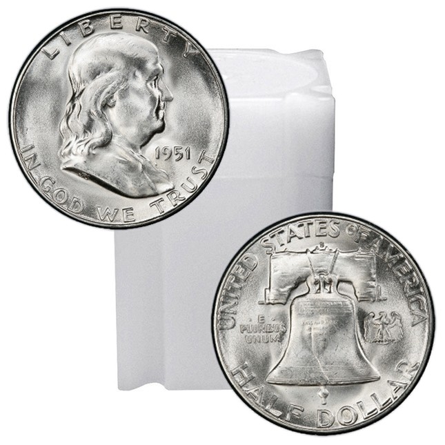 Tube of 90% Silver Franklin Half Dollars Brilliant Uncirculated (BU) - $10 Face Value