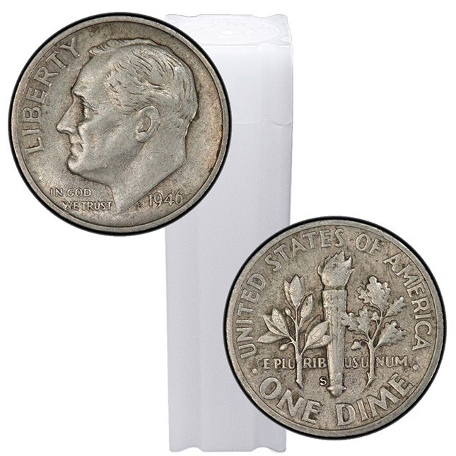$5 Face Value Roosevelt Dimes 90% Silver 50-Coin Roll Random Year, BU 