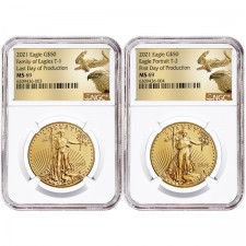 Two Coin Set: 2021 1 Oz American Gold Eagle NGC MS69 First/Last Day of Production