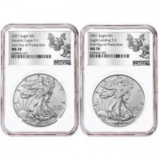 Two Coin Set: 2021 1 Oz American Silver Eagle NGC MS70 First/Last Day of Production