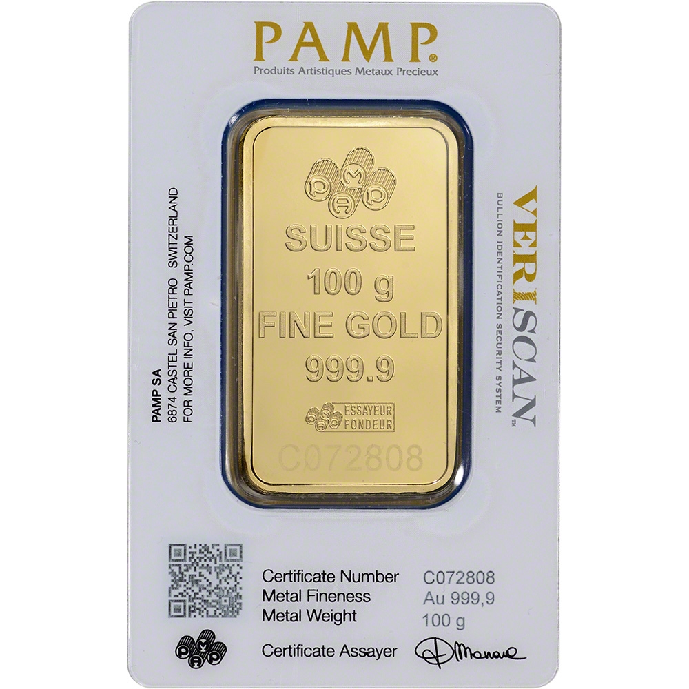 100 Gram PAMP Suisse Gold Bar (In Assay) | Monument Metals - Monument ...